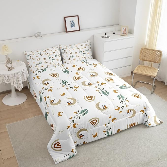 Feelyou Girls Rainbow Cute Comforter Set Wildflower Moon Girly Comforter Soft Quilt for Kids Boys Cartoon Boho Bedding Set Collection 3Pcs King Size Boys