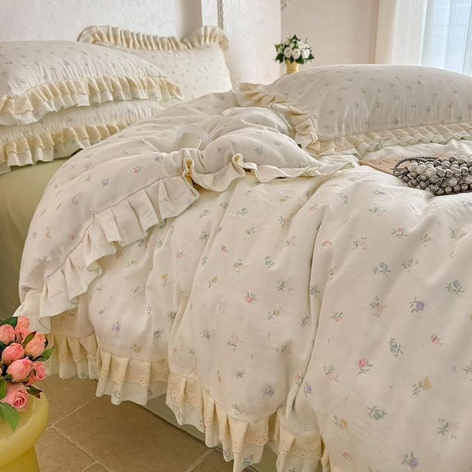 BuLuTu Cottage Ruffled Duvet Cover Girls Floral Bedding Full Size Comforter Cover with Lace Edges, French Country Bedding Set Soft Cotton Muslin Quilt Cover with Zipper Closure,4 Ties