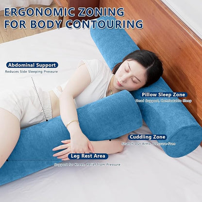 Body Pillow for Adults, Long Full Body Pillow for Side Sleepers and Pregnancy Support, High Resilience Cylindrical Bolster Pillow with Removable Washable Cover (60"x7.9", Cendre Blue)