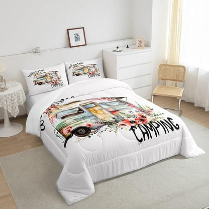 Feelyou Camper Van Comforter Set Kids Farmhouse Rustic Happy Camping Bedding Set Twin Women Men Camper Floral Decor Comforter Soft Nature Flower Quilt Boys