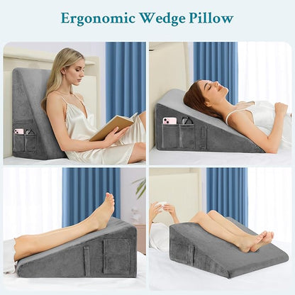 Wedge Pillow for Sleeping, 10" Bed Wedge Pillow for After Surgery, Triangle Pillow Wedge for Heartburn, Acid Reflux, GERD, Back Pain Relief, Neck Pain, Soft & Cooling Memory Foam Top
