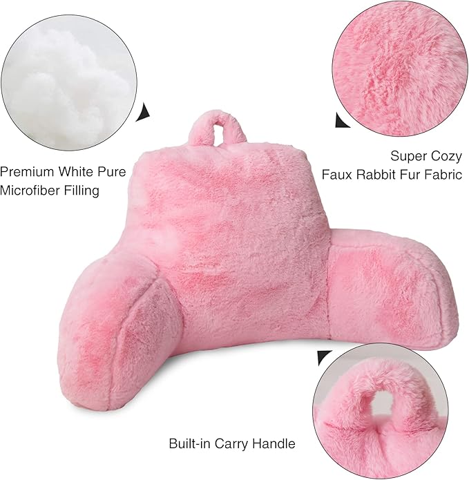 Aimuan Reading Pillow Bed Rest Wedge Adult Backrest Pillow with Arms Back Support for Sitting Up in Bed Cushion Incline Rest Sleeping Snoring Pillow, Light Pink Large