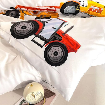 CVHOUSE Excavators Tractor Bedding Set Queen Size,Construction Trucks Duvet Cover for Boy,Machinery Tractor Construction Site Cars Comforter Cover,1 Quilt Cover 2 Pillowcases 3 Piece