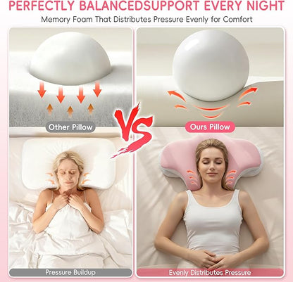 Cervical Neck Pillow for Pain Relief, Ergonomic Contour Pillow for Sleeping, 2 Heights Cooling Pillow for Neck and Shoulder Support, Memory Foam Orthopedic Pillow for Side Back Stomach Sleepers Pink