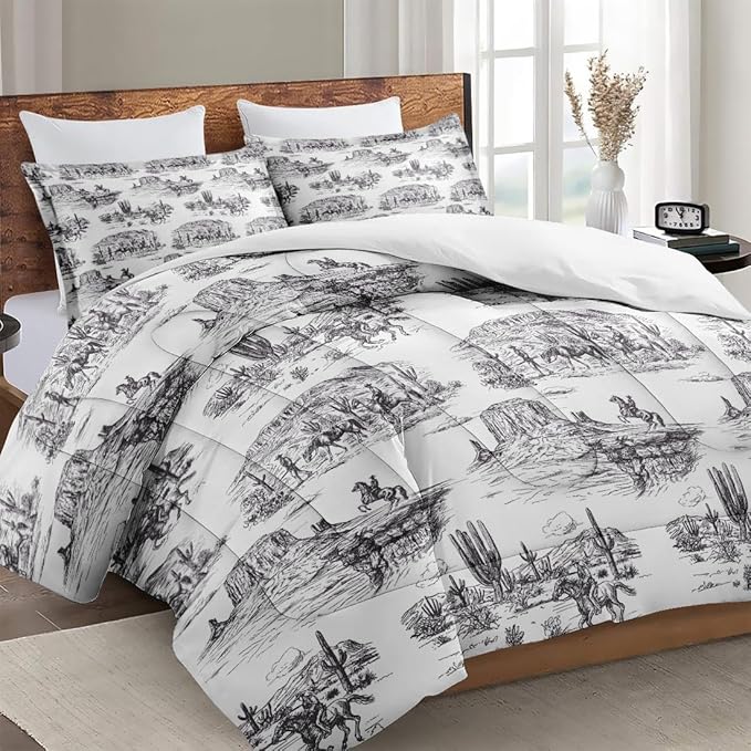 Twin Size Comforter Set with Pillowcase, American Desert Cowboy Soft 2 Pcs Bedding for Kids and Adults, Vintage Horse Mountain Western Comforter Set for Room Bedroom Bed Decor