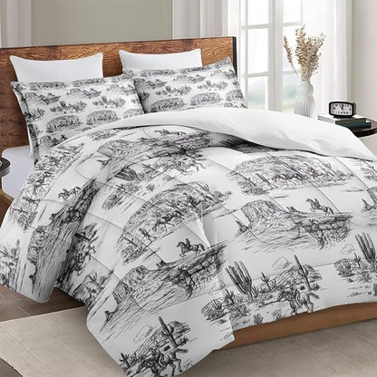 Full Size Comforter Set with 2 Pillowcase, American Desert Cowboy Soft 3 Pcs Bedding for Kids and Adults, Vintage Horse Mountain Western Comforter Set for Room Bedroom Bed Decor