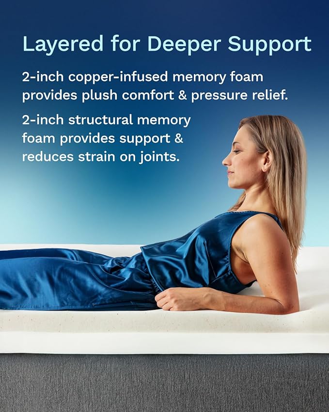 ViscoSoft 4 Inch Active Cooling Memory Foam Mattress Topper Queen - Select Copper-Infused Mattress Pad
