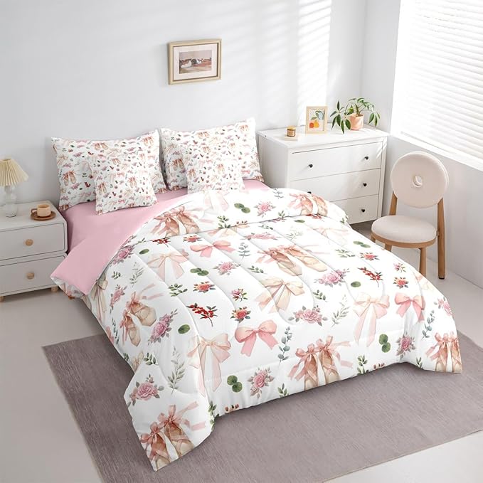 Feelyou Pink Flower 7 Piece Bedding Set Exquisite Dance Shoes Comforter Set with Sheets for Kids Boys Girls Gentle Bow Bed in a Bag Princess Style Bed Set Soft Lightweight