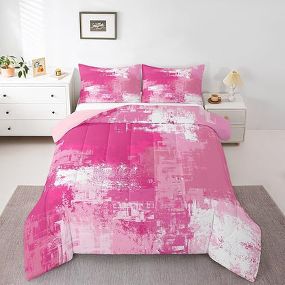 Feelyou Pink Abstract Duvet Quilt Geometric Bedding Set for Kids Boys Girls Teens Room Decor Modern Comforter Set King Size Buffalo Check 3Pcs Breathable Soft Lightweight Microfiber