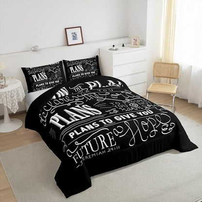 Feelyou Kids Vintage Bible Verse Comforter Set Christian Bible Verse Jeremiah Comforter Set for Boys Children Teens Bedroom Decor Modern Comforter Black Duvet Set Full Size with 2 Pillow Case
