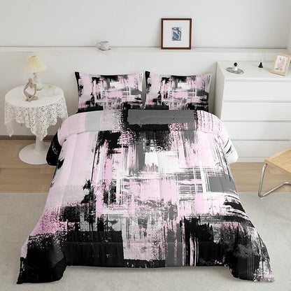 Feelyou Pink Grey Abstract Duvet Quilt Toddler Size Geometric Bedding Set for Kids Boys Girls Decor Modern Comforter Set Breathable Soft Lightweight Microfiber Buffalo Check Bedroom Decor Bedclothes