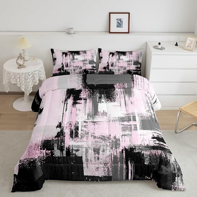 Feelyou Pink Grey Abstract Duvet Quilt Queen Size Geometric Bedding Set for Kids Boys Girls Decor Modern Comforter Set Breathable Soft Lightweight Microfiber Buffalo Check Bedroom Decor Bedclothes