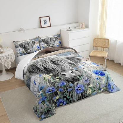 Highland Cow Comforter Set King Size,Colorful Flowers Bedding Set 3pcs for Kids Teens Adults Room Decor,Rustic Farmhouse Barn Wooden Quilt Set Nature Animals Plants Duvet Insert,Blue Grey