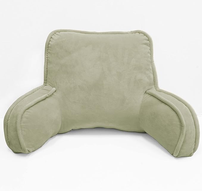 Super Soft Velvety Backrest Reading Bed Rest Pillow with Arms and Pockets 18" H for Sitting in Bed Couch Sofa, Back Support Wedge Cushion with Removable Cover, 20" x 18" x17", Slate Green