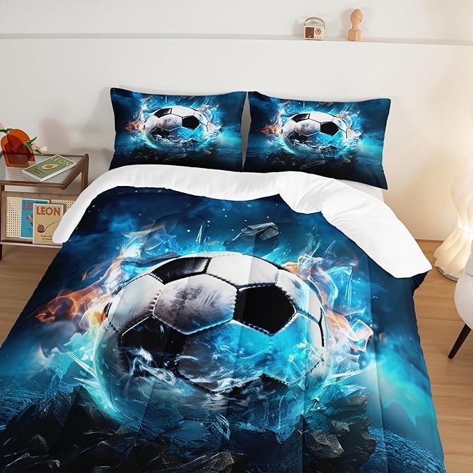 Soccer Bedding Comforter Set Queen Size,Blue Football Flame Printing Ball Gamer Bedding Set,Sports Themed Room Decor for Teens Boys,Kids Comforter Sets Boys with 2 Pillowcases.