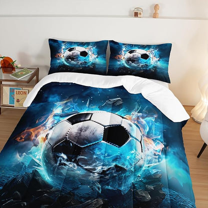 Soccer Bedding Comforter Set Queen Size,Blue Football Flame Printing Ball Gamer Bedding Set,Sports Themed Room Decor for Teens Boys,Kids Comforter Sets Boys with 2 Pillowcases.