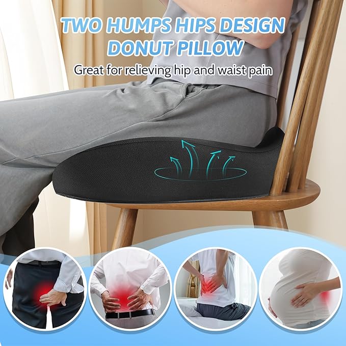 Donut Pillow, Hemorrhoid Pillow for Sitting, Donut Pillow for Tailbone Pain Relief Cushion, Two Humps Hip Comfortable Design, Doughnut Pillow, Butt Pillows for Postpartum Pregnancy, XL Size Black