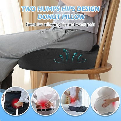 Donut Pillow, Hemorrhoid Pillow for Sitting, Donut Pillow for Tailbone Pain Relief Cushion, Two Humps Hip Comfortable Design, Doughnut Pillow, Butt Pillows for Postpartum Pregnancy, XL Size Black