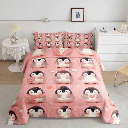 Castle Fairy Lovely Penguin Bedding Set King Size Cute Antarctic Animal Comforter Set for Girls Boys Room Decor Watercolor Snowflake Down Comforter Geometric Heart Print Quilt Set with 2 Pillowcases