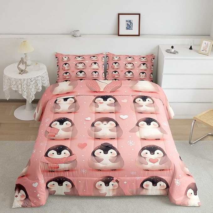 Lovely Penguin Bedding Set Toddler Size Cute Antarctic Animal Comforter Set for Girls Boys Room Decor Watercolor Snowflake Down Comforter Geometric Heart Print Quilt Set with 1 Pillowcase