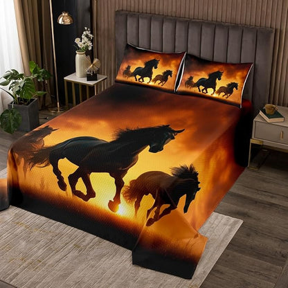 Horse Bedspread Queen, Western Animal Coverlet Set Wild Horse Printed Bedspread Quilt Set for Kids Adult Boys Man Quilted, Soft Breathable Quilt Set for Room Decor, Black Brown