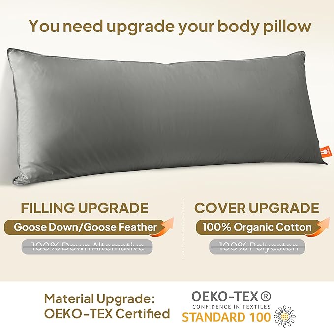 Goose Down Body Pillows for Adults, Large Body Pillow for Side Sleeper, Hugging Feather Body Pillow Insert, Cooling Full Length Long Pillow for Bed with 100% Organic Cotton Shell, 20"x54" Dark Grey