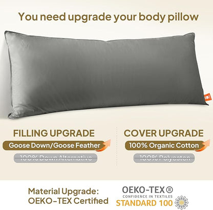 Goose Down Body Pillows for Adults, Large Body Pillow for Side Sleeper, Hugging Feather Body Pillow Insert, Cooling Full Length Long Pillow for Bed with 100% Organic Cotton Shell, 20"x60" Dark Grey