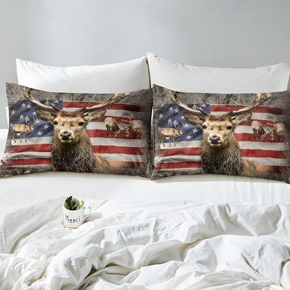 Wild Deer Duvet Cover Set Twin Size, Animal Deer Antler Tree Branch Nature Soft Bedding Set, Rustic American Flag Stars and Stripes Print Polyetser Quilt Cover with 1 Pillowcase (No Comforter)