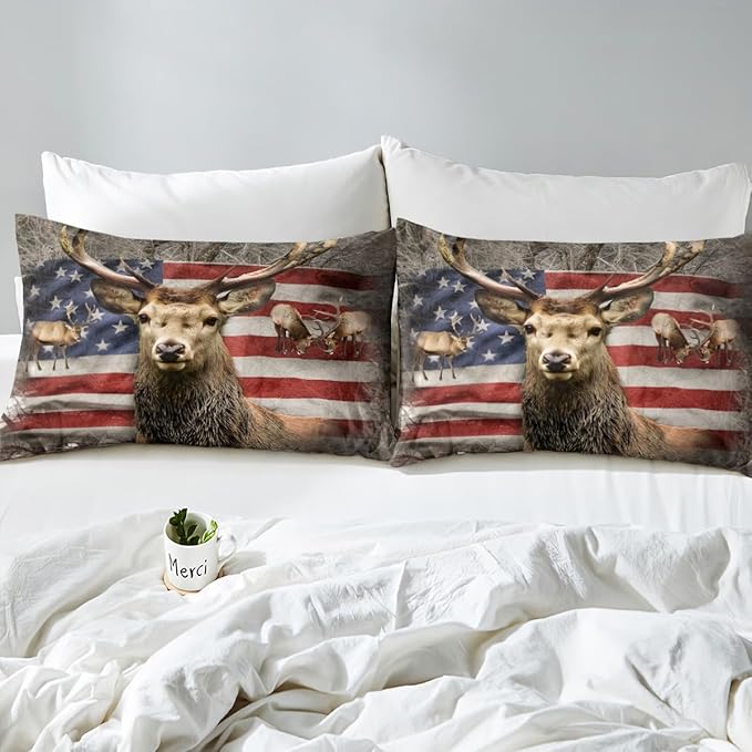 Wild Deer Boys Duvet Cover Queen Size, Rustic Animal Deer Antler Tree Branch Nature Bedding Set for Men Adult, Stripes Red Blue USA Flag Print Polyester Quilt Cover with 2 Pillowcases (No Comforter)