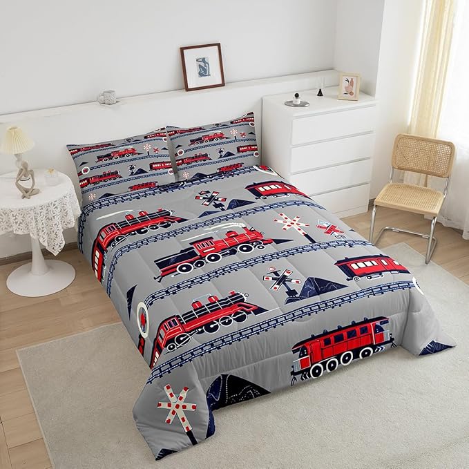 Red Train Toddler Bedding Set Full Size for Girls Kids Boys Cartoon Car Comforter, Vintage Style Steam Engine Bedding Comforter Sets Traffic Transportation Track Duvet Set with 2 Pillowcases