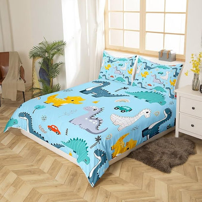 Cute Car Kids Bedding Set King Size for Teens,Kawaii Dino Colorful Wild Animal Comforter Cover with 2 Pillowcases,Cartoon Dinosaur Rainbow Sketch Blue Duvet Cover Set Microfiber Quilt Cover
