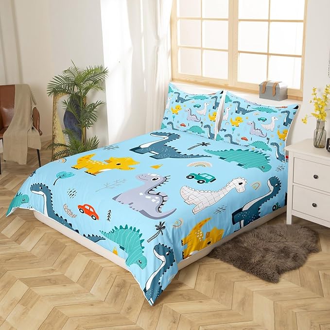 Castle Fairy Cute Car Kids Duvet Cover Set Full Size,Kawaii Dino Colorful Wild Animal Comforter Cover with 2 Pillowcases,Cartoon Dinosaur Rainbow Sketch Blue Breathable Bedspread for Boys Teens