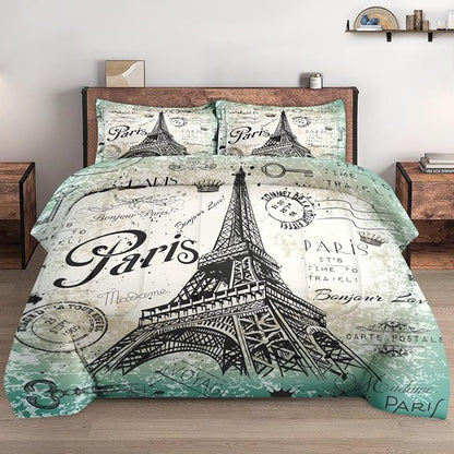Queen Size Comforter Set with 2 Pillowcase, Vintage Eiffel Tower Soft 3 Pcs Bedding for Kids and Adults, Paris Summer Comforter Set for Room Bedroom Bed Decor