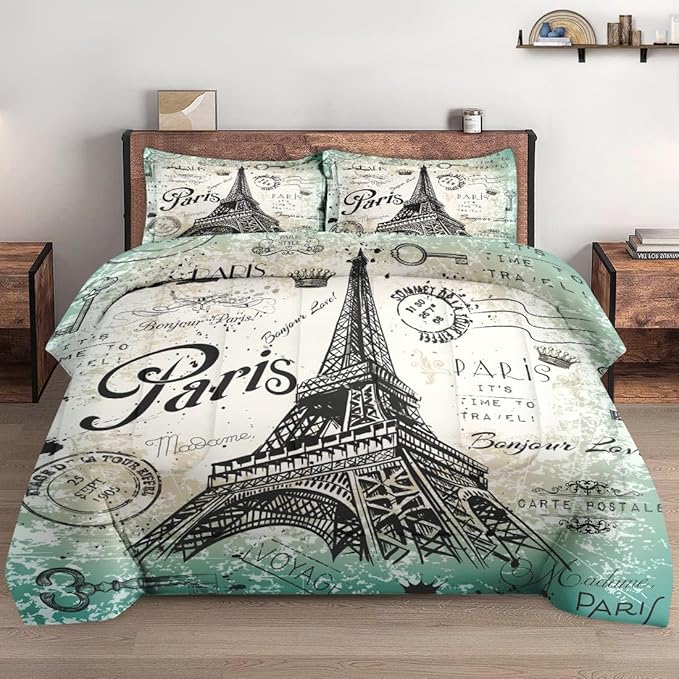 King Size Comforter Set with 2 Pillowcase, Vintage Eiffel Tower Soft 3 Pcs Bedding for Kids and Adults, Paris Summer Comforter Set for Room Bedroom Bed Decor