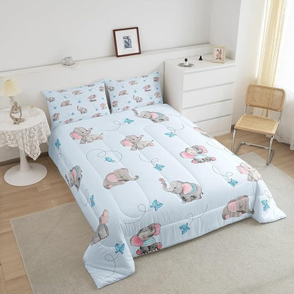 Cute Elephant Kids Comforter Set Twin Size,Blue Butterfly Cartoon Wildlife Reversible Bedding Sets for Teens Bedroom Decor,Watercolor Grey Pink Animal Quilted Duvet,1 Pillowcase