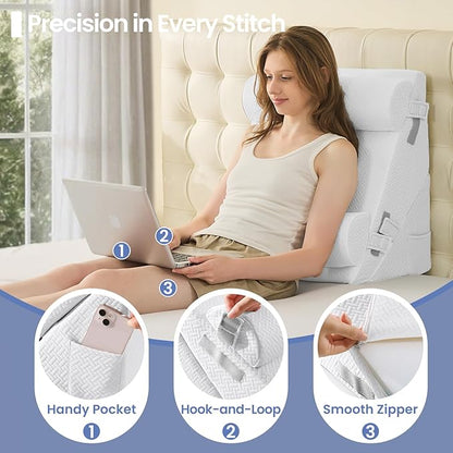 Sasttie Wedge Pillow Set for After Surgery, 3PCS Adjustable Bed Wedge Pillow Headboard with Memory Foam Neck Cushion – for Acid Reflux, Sleeping, Neck & Back Support, White