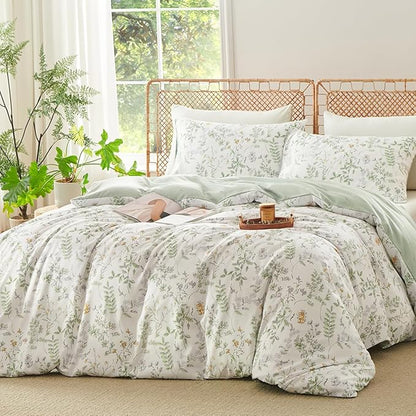 Botanical Duvet Cover Queen Sage Green Reversible Floral Bedding Set Farmhouse Leaf Bedding 3Pcs Modern Aesthetic Duvet Covers with Zipper Closure Ultra Soft Microfiber