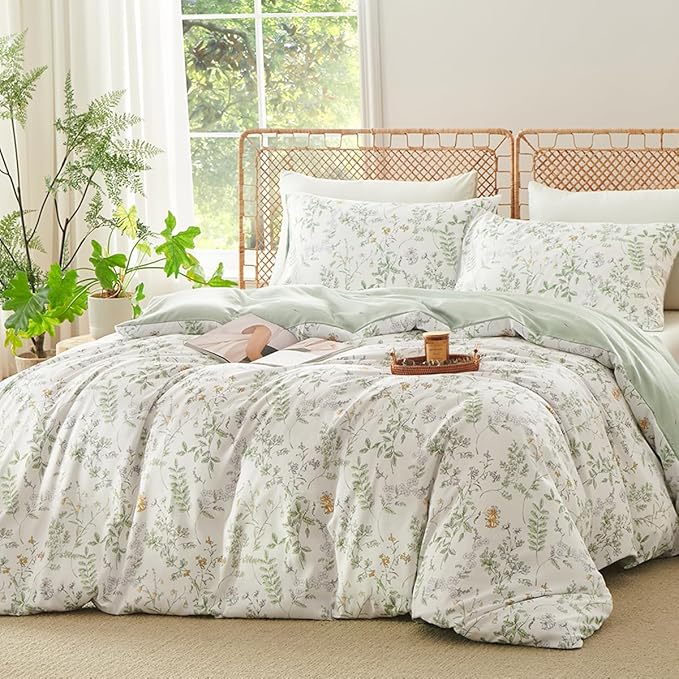 Botanical Duvet Cover Full Sage Green Reversible Floral Bedding Set Farmhouse Leaf Bedding 3Pcs Modern Aesthetic Duvet Covers with Zipper Closure Ultra Soft Microfiber