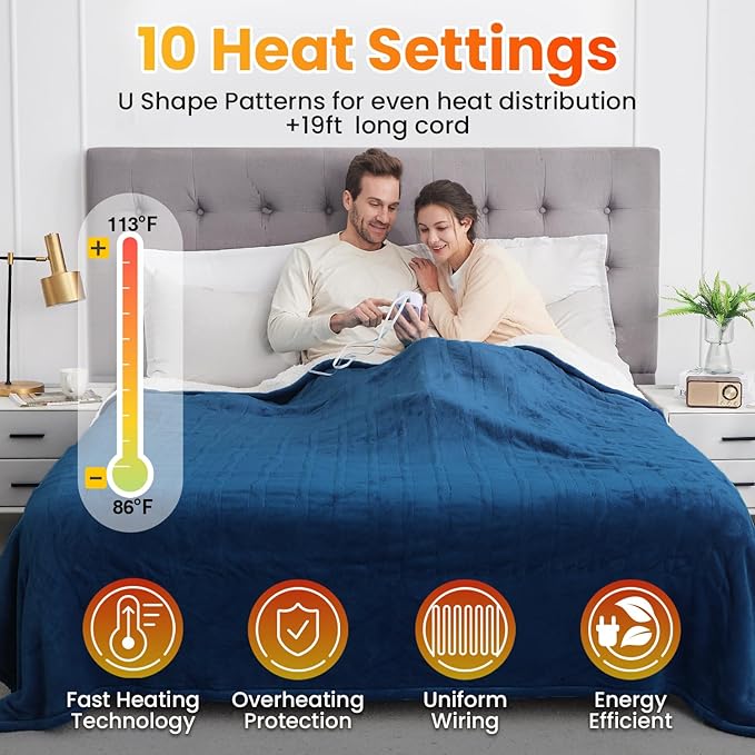 WOOMER Electric Heated Throw Blanket, Soft Flannel Electric Blanket with Multi-Color Option, Full Size 77"x 84", 10 Heating Levels & 0.5-12H Auto Off, Over-Heat Protection