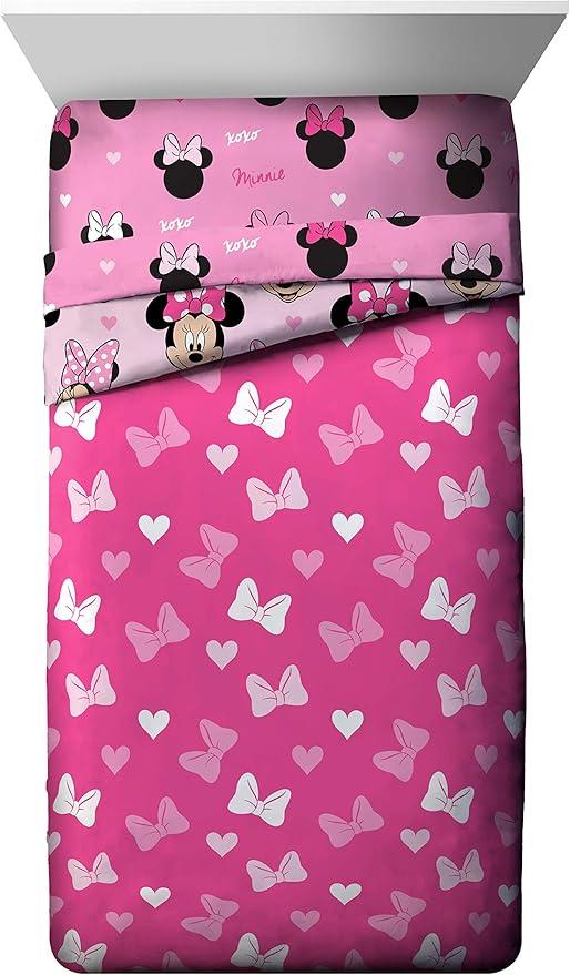 Jay Franco Disney Minnie Mouse Hearts N Love 4 Piece Twin Bed Set - Includes Reversible Comforter & Sheet Set - Super Soft Fade Resistant Microfiber - (Official Disney Product)