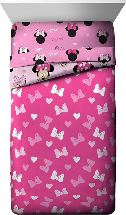 Jay Franco Disney Minnie Mouse Hearts N Love 4 Piece Twin Bed Set - Includes Reversible Comforter & Sheet Set - Super Soft Fade Resistant Microfiber - (Official Disney Product)