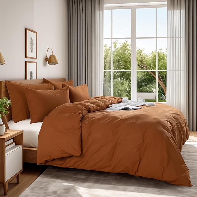NEXHOME PRO Duvet Cover Set 100% Washed Cotton Oversized King 120"x98" Linen Feel Textured Organic Natural 3 Pieces Bedding Set Terracotta Burnt Orange with Zipper Closure Breathable(No Comforter)