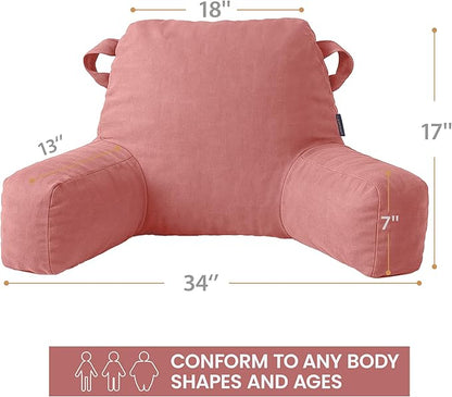 Portable Comfy Reading Pillows for Bed Sitting Up(Dark Pink Oeko-Tex), Velvet Back Pillow with Arms & Pockets for Adults, Support Memory Foam Bed Pillow for Dorm/Reading/Watching/Gaming