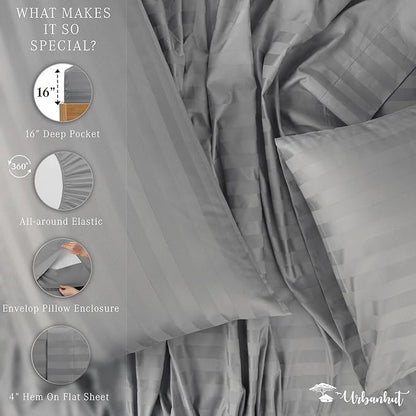 URBANHUT 1000 Thread Count Egyptian Cotton Sheets Damask Striped Full Size, Long Staple Soft & Breathable, 4 Pc Bed Sheet Sets, Luxury Hotel Sateen Sheets Fits 16" Deep Pocket - Dark Grey