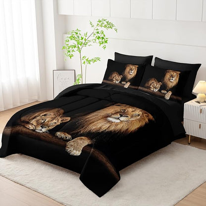 Lion Comforter Set 7 Piece King Size Bed in A Bag,Animal Bedding for Room Decor,Lion Comforter Tropical African Animal 3D Print Bedding with Fitted Sheet,Flat Sheet, Pillowcases & Shams