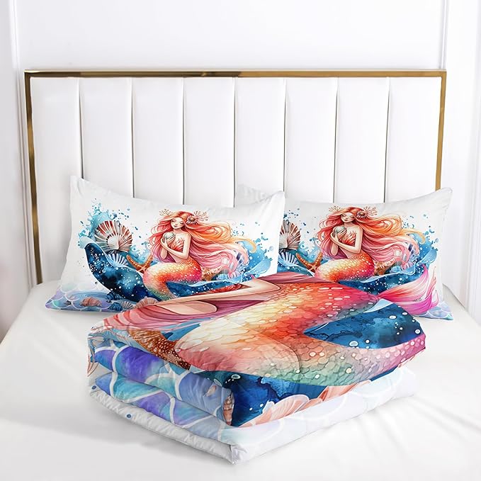 Mermaid Comforter Set Full Size, Cute Mermaid Conch Sea Shell Bedding Set with Fish Scale Design for Kids Girl, Ocean Theme Duvet Set with 2 Pillowcases