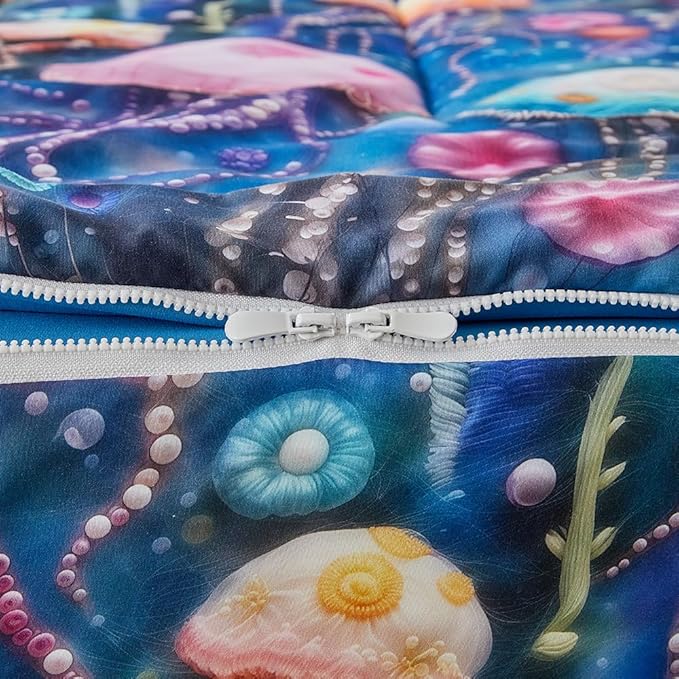 Kids Zipper Bedding Set for Girls and Boys, 3pcs Jellyfish Comforter Set Twin with Fitted Sheet and Pillowcases, All in One Zipper Bed in a Bag Super Soft Microfiber Lightweight, Pink Blue