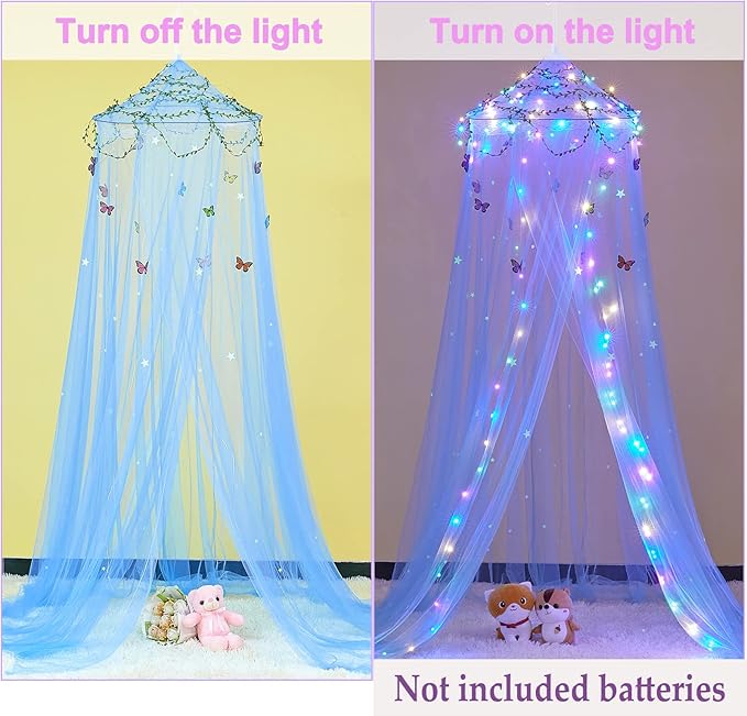 FIOBEE Bed Canopy for Girls Room Bed Canopy Curtains with Led Lights Mosquito Net DIY Princess Room Décor with Stars Butterflies for Kids Bedroom, Blue