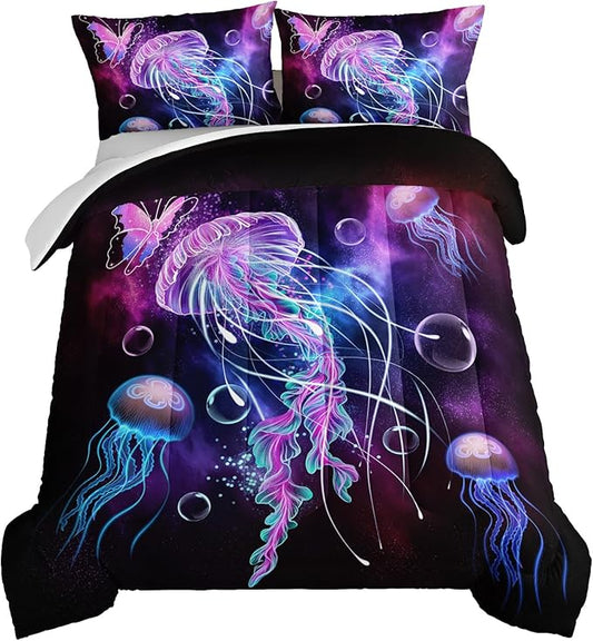 HOSIMA Jellyfish Printed Comforter Ocean Theme Bedding Set 3 Piece, Starry Sky Galaxy Bedding Room Decor Butterfly Comforter for Kids Teens Adult