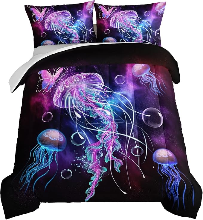 HOSIMA Jellyfish Printed Comforter Ocean Theme Bedding Set 3 Piece, Starry Sky Galaxy Bedding Room Decor Butterfly Comforter for Queen Size Bed